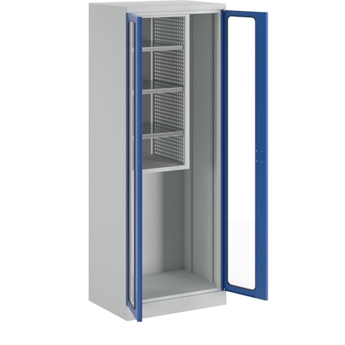 kaiserkraft | Geräte- und Putzmittelschrank | Breite 750 mm | Sichtfenstertüren | lichtgrau/enzianblau