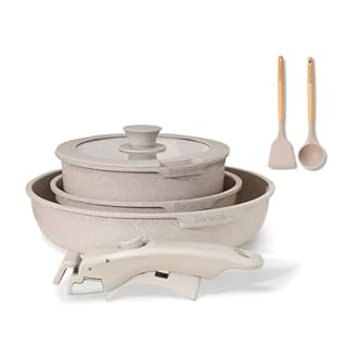 BOREINE Batterie de Cuisine 7 Pce, Lot Casserole et Poele avec Poignee Amovible et Couvercle, Revêtement Antiadhésif en Granit sans PFOA, Compatible Tous Feux (Induction, Vitrocéramique, Gaz) - Marron