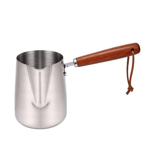 Aqur2020 Milk Frothing Pitcher, 304 Stainless Steel Induction Compatible Saucepan with Wood Handle, Multi Purpose Stovetop Pot for Heating Milk Melting Chocolate and Making Syrup, Easy (350ml)