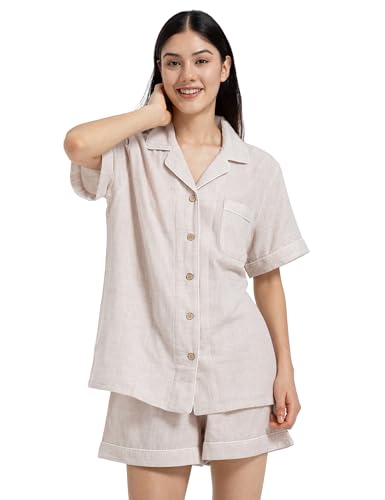 Image of Womens Muslin Pajama Sets 100% Cotton Double Gauze Linen Like Short Pjs | Breathable Soft Comfort Button Up Loungewear Sleepwear PJ Set