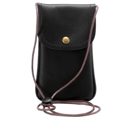 Universal Leather Cell Phone Shoulder Pocket Wallet Pouch Bag Case with Neck Strap (Black)