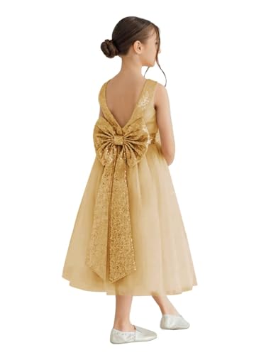 Sequins Sparkle Tulle Flower Girls Dress for Wedding Glitter Sleeveless Bow Knot V-Back Long Princess Pageant Dress