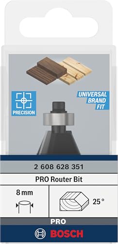 Bosch Professional Fasefräser Standard for Wood (für Holz, Ø 23,7 mm, Arbeitslänge 12 mm, 25° Winkel, Zubehör Handfräse)