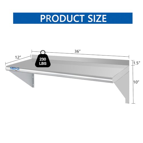 Image of HARDURA Stainless Steel Shelf 12 inch x 36 inch, 230lb Commercial Shelves Wall Mount Metal Shelving with Backsplash and Brackets for Kitchen, Restaurant, Laundry Room and Home