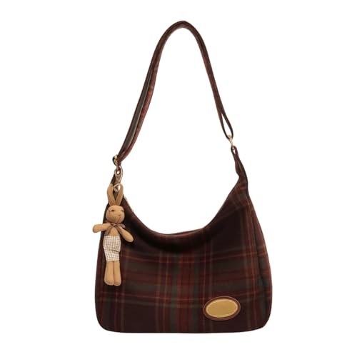 Image of Plaid Purses for Women - Wool Handbag with Pendant, Hobo Shoulder Bag and Tartan Fabric Clutch (Red)