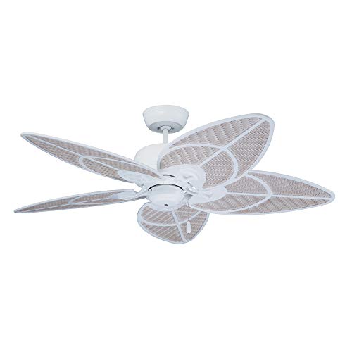 kathy ireland HOME Batalie Breeze Outdoor Ceiling Fan, 52 Inch | Large Metal Fixture with Palm Leaf Blades, Quiet Motor, and Pull Chain | Tropical Style for Outside and Indoor Home Decor, White