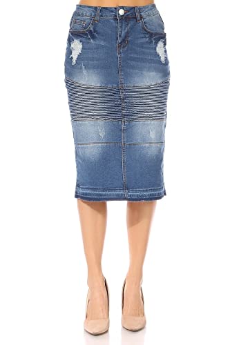 Fashion2Love Women's Juniors/Plus Size Middle - Length Stretch Denim Distressed Pencil Moto Skirt (79008)
