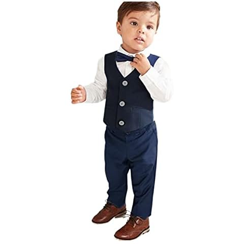 3Pcs Toddler Baby Boy’s Gentleman Formal Suit Long Sleeve Shirt with Tie, Waistcoat, Trouser, Infant Kids Wedding Party Page Boy Prom Suit Baptism Christening Outfits 0-7 Years(Navy,3-4 Years) Cover