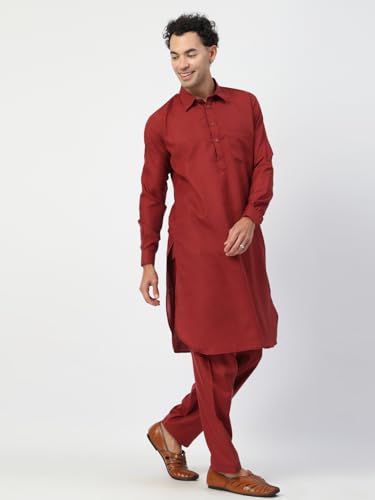 Image of Men's Traditional Pathani Kurta Salwar Set, Red, Long Sleeve, Collared Neck, Cotton Blend, Ethnic Wear