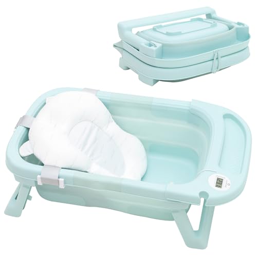 Olmitos - Bañera Plegable para Bebé con Reductor Extraíble, Termómetro y Tapón de Drenaje, Compacta y Antideslizante - Ideal para Viajes (Azul)