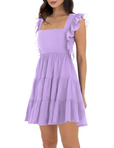 Image of Women's Summer Square Neck Tie Back Ruffle Sleeve Tiered Casual A-Line Short Mini Dress