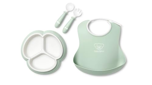 BabyBjörn Mealtime Set, 4 pc, Powder Green | Includes Baby Plate, Baby Fork, Baby Spoon, and Baby Cup | Dishwasher Safe | Toddler Feeding Set for self-Feeding or Baby-led weaning