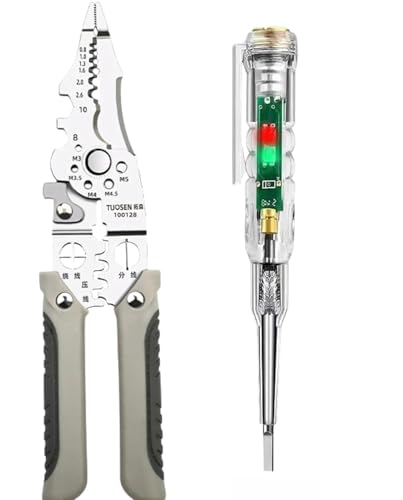 Image of FIDEO (Silver) Wire Stripper & Tester Combo Set | All in One Multifunction Stainless Steel | Wire Stripper & High Brightness | Intelligent Voltage Tester Pen | Electrical Hand Tool Kit