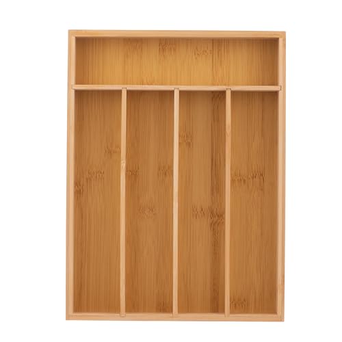 Wooden Silverware Organizer for Drawer, Bamboo Utensil Drawer Organizers, Kitchen Utensil Organizer Tray with 5 Storage Compartments, Flatware Organizers for Cutlery Flatware 13.1 x 9.8 x 1.5″