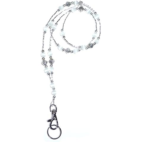 Hidden Hollow Beads Super Slim White Strong Breakaway Clasp Women's Lanyard, Beaded Badge ID Card Holder, Made in USA Teacher Cruise Key Keychain Phone Cover