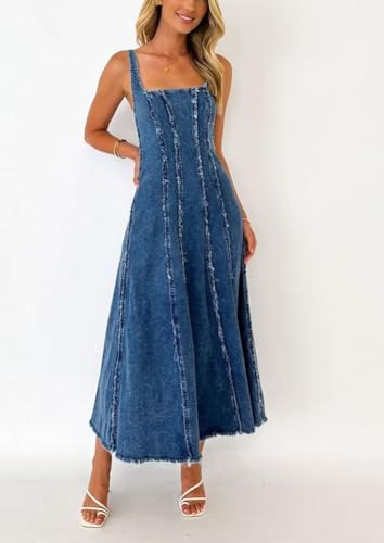 chouyatou Women's Adjustable Spaghetti Strap Maxi Long Denim Dress A-Line Swing Distressed Jean Sun Dress2
