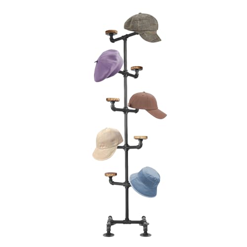 Tapischion 5 Tier 10 Hooks Floor-Standing Hat Cap Rack, Industrial Metal Pipe Hats Wig Display Hanger for Home or Retail Store, 13.4 * 13.4 * 61in (Black)