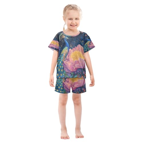 ALAZA Peacock Water Lily Blossom Pajamas Set Short Sleeve Cotton Sleepwear Summer Pjs 2 Piece 5-14Y3