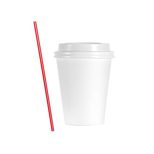 (50 Sets) 8 oz White Paper Hot Cups with Dome Lids and Free Bonus - Stirrers, to Go Coffee Cappuccino Latte Cups with Travel Lids by Tezzorio