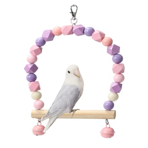 Wooden Bird Swing for Cockatiels Parrot Perch Hanging Toys Parakeets Birdcage Stands Cage Playground Play Gyms Accessories Colorful Bead Bell Climbing Toy for Lovebirds Conures Budgies (Purple-Pink)