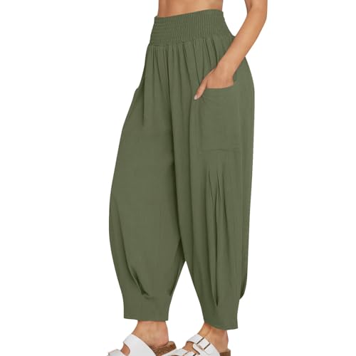 Women Linen Boho Pants Baggy Harem Pants Summer Loose Wide Leg Trousers with Pockets Pantalons Pour Femme Green