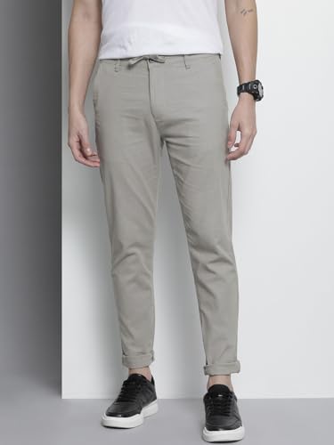 Image of The Indian Garage Co Men Slim Fit Solid Mid-Rise Elasticated Linen Trousers