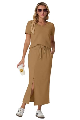Image of GRECERELLE Women Summer Casual 2 Piece Sets V-Neck Wrinkle-Free Top & Elastic Waist Midi Side Slit Skirt with Pockets