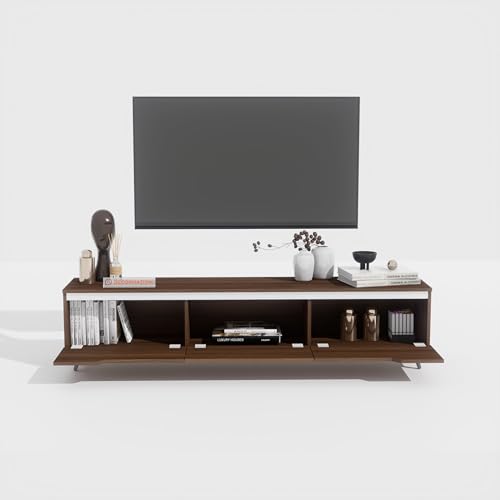 Image of DecorNation Nova Wooden TV Unit Stand (Large) - Modern Entertainment Table with 3 Closed Compartments for Living Room, Bedroom & Office (71 x 13.3 x 16.6 Inches, Walnut Finish)