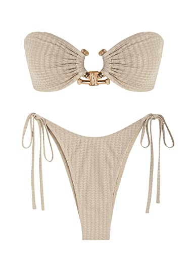 Zaful Tie Side Textured Metal Hardware Ring Bandeau Bikini Swimwear - (Multi,S) #TOP10