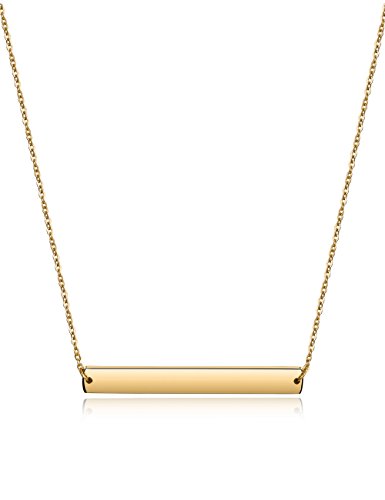 Bar Necklace Stainless Steel Gold Plated Adjustable with Engravable Bar Pendant(16Inch+2)