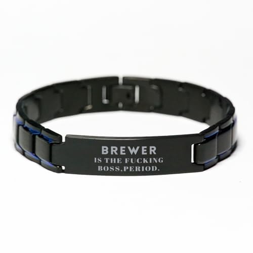 Custom Name Christmas Brewer Black Metal Bracelet, Engraved Brewer is The Fucking boss, Period. Birthday Brewer Unique Gifts for Coworkers Colleague, Adjustable Brewer Graduation Wristband Sarcas