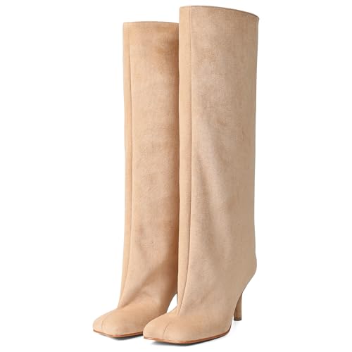 CYNLLIO Suede Boots Knee High Boots Women Square Toe Stiletto Heel Tall Boots Wide Calf Long Boots Heeled Slouchy Boots Winter Boots Warm Walking Office Shoes