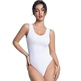 Bolsamila Women's Deep V Neck Bodysuit Sleeveless Thong Leotard Black Double Lined XS-XXL (White, XS)