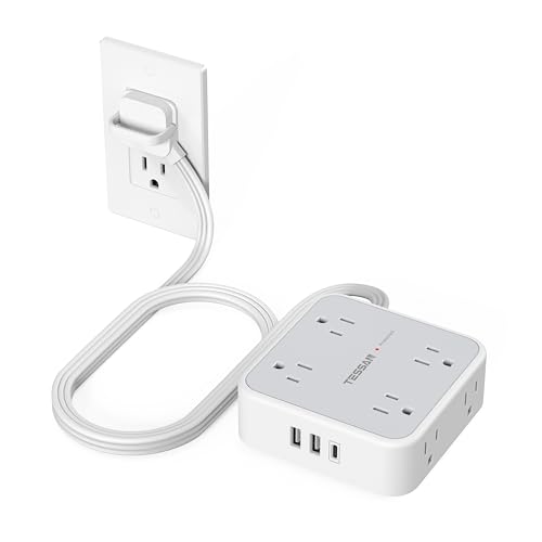 Image of TESSAN Surge Protector Power Strip, 5 Ft Flat Plug Extension Cord with 3 USB (1 USB C) 8 Outlets, 900J Protection, 3 Sided Outlet Extender with Ring Plug for Office, Dorm Room, Grey