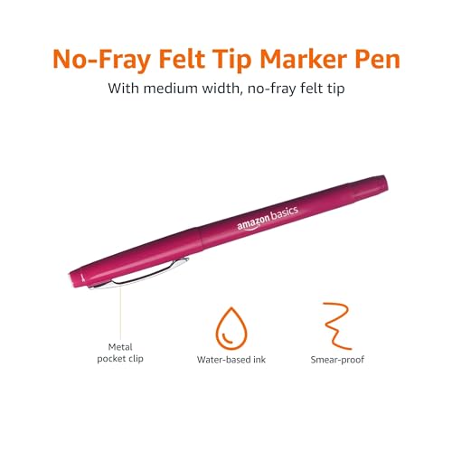 Image of Amazon Basics Felt Tip Marker Pens, Assorted Colors, No-Fray Felt Tip, Smear-Proof, for Writing, Drawing, Journaling and Note Taking, 24-Pack