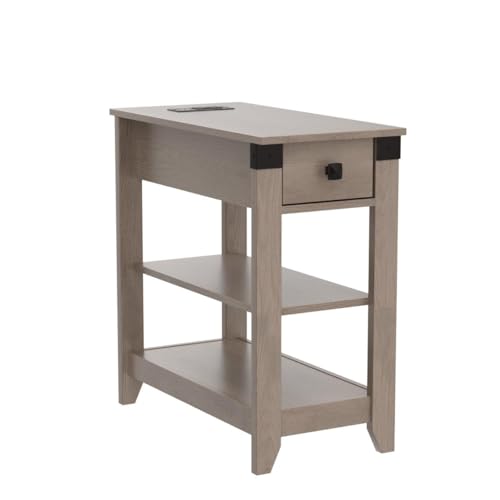 HOSEOKA Narrow End Table with Charging Station Farmhouse End Table with USB Ports and Outlets for Small Space, Slim Sofa Side Table with Storage Drawer for Living Room Bedroom, Rustic Grey