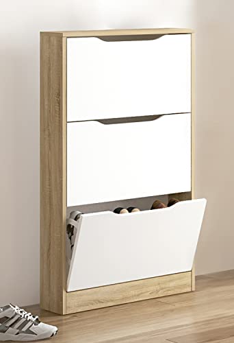 PEGANE Meuble à Chaussures 3 Portes Coloris Chêne Cambrian/Blanc - Longueur 60 x Profondeur 17 x Hauteur 108,1 cm