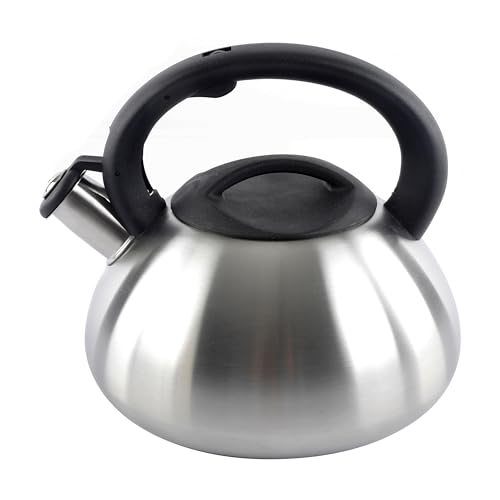 Gibson Home Hometrends Brush Polished Tea Kettle, 2 Quart Capacity, Stainless Steel, Kitchen Cookware and Accessories, silver with brown Handle, 80728.02