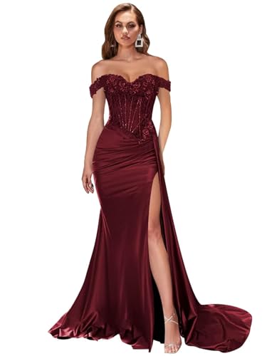 Women's Off The Shoulder Satin Bridesmaid Dresses Long Slit Mermaid Prom Dress 2025 Lace Applique Corset Party Gowns