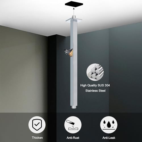 Image of Ceiling Mounted Shower Arm, Rain Shower Square Extension Arm with Flange and Teflon Tape Stainless Steel Ceiling Mount Shower Extender (16 Inch, Chrome)
