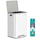 SONGMICS Kitchen Bin 50 L, with 15 Bin Bags, Stainless Steel, Removable Plastic Inner Bucket, with Lid, Handles, Soft Close, Cloud White LTB595W01
