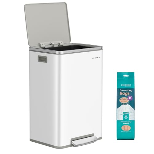 SONGMICS Trash Can, 13-Gallon Gabbage Can, with 15 Trash Bags, Steel, with Soft-Close Lid, Removable Inner Bucket, Handles, Cloud White ULTB595W01V1