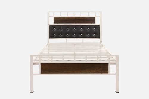 Image of Orvo Metal Extra Single Size Bed Without Storage | Wrought Iron Single Bed with Headboard & Footboard| Sturdy Powder Coated Platform Cot for Bedroom (Orvo Ivory)