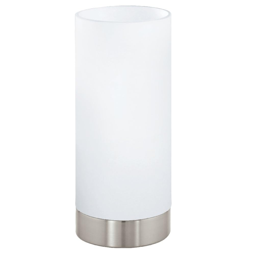 Britalia Satin Nickel Base & Matt White Frosted Cylinder Glass Vintage Retro Table Desk Lamp | 22cm Height | 1 x ES E27 Lamp Bulb Required | UK Approved | Inline Switch | Modern Influence