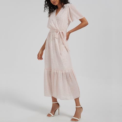 Image of Women's Summer Bohemian Floral Chiffon Dress Cap Sleeve V Neck Ruffle Long Flowy Boho Casual Vacation Dresses