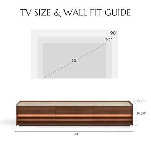 Image of POVISON Fully-Assembled Mid Century Matte Sintered Stone TV Stand, 94.49 inch Wood Media Console with Adjustable LED Light, Entertainment Center with Storage for Living Room