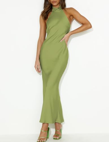 Image of Women Summer Satin Halter Neck Backless Formal Wedding Guest Maxi Dress