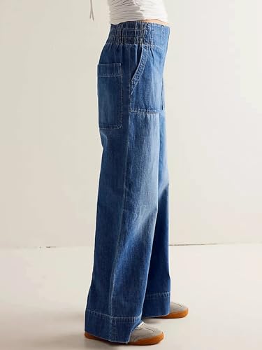 CHARTOU Women Boyfriend Wide Leg Denim Pants Back Smocked High Waist Jean Y2K Trendy Long Pants with Pockets4