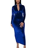 VASAUGE Women's Sexy V Neck Long Sleeve Velvet Zipper Bodycon Maxi Club Party Dress, Medium, Royal Blue