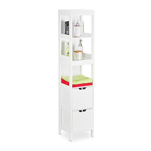 Relaxdays Armoire de Salle Bain, Style campagnard, HlP: 144 x 30 x 30 cm, 2 tiroirs, 3 Supports, Debout, étagère, Blanc
